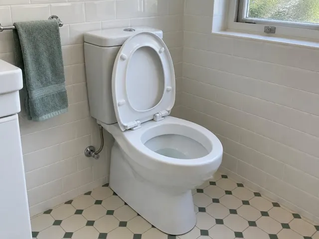 Clean white toilet in a tiled bathroom beside a towel rail and window in Naremburn
